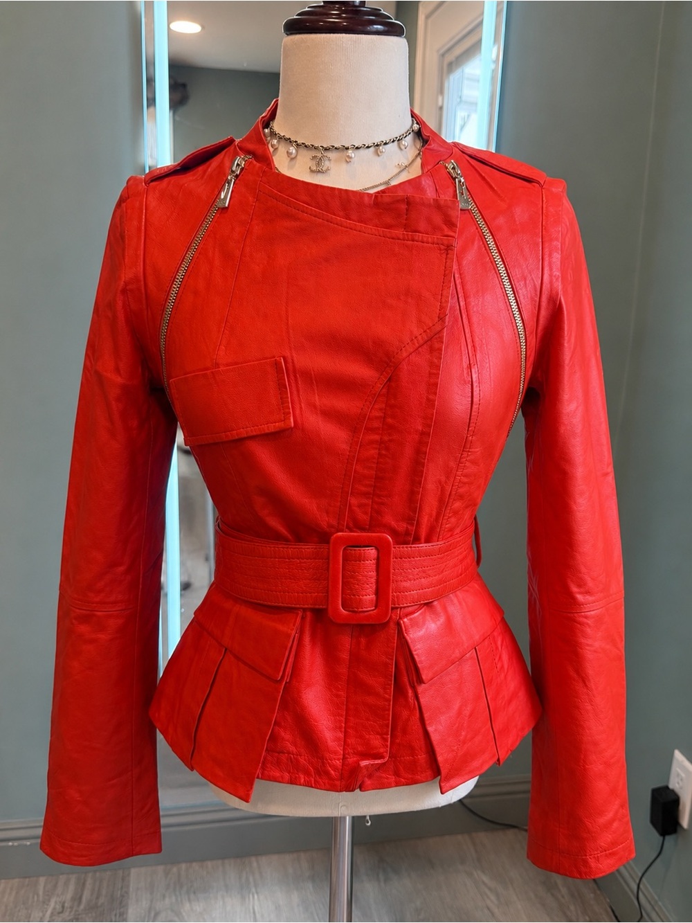 Vintage Red pig Leather Moto Jacket Belted Peplum Waist S